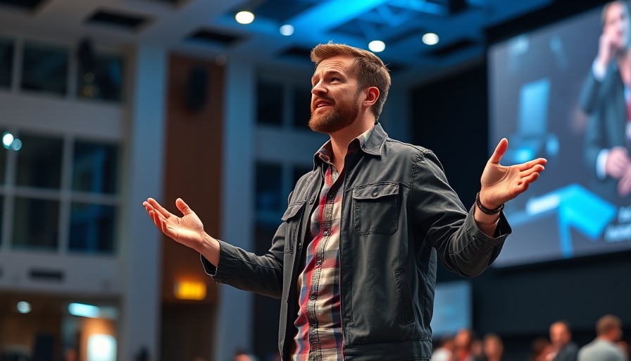 Casually dressed man energetically speaking on stage at a tech conference.