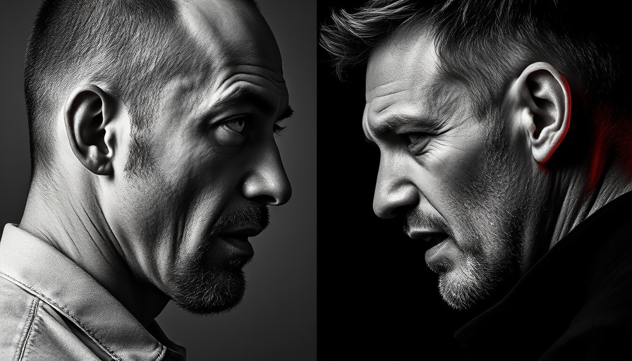 Tense split portrait of two men facing each other in black and white with red accent.