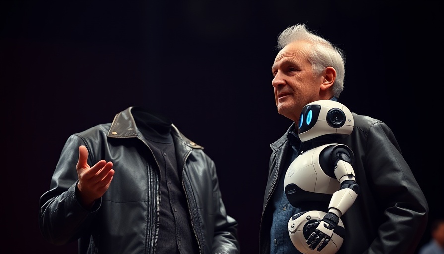 Elder man in leather jacket with robot on stage, Nvidia Google DeepMind Disney robots.