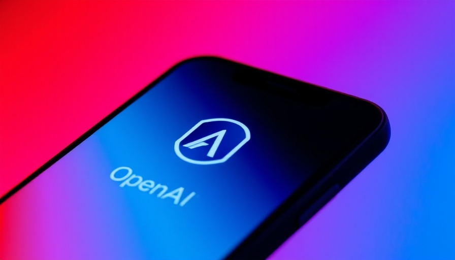 Smartphone showing OpenAI logo with red-blue gradient background.