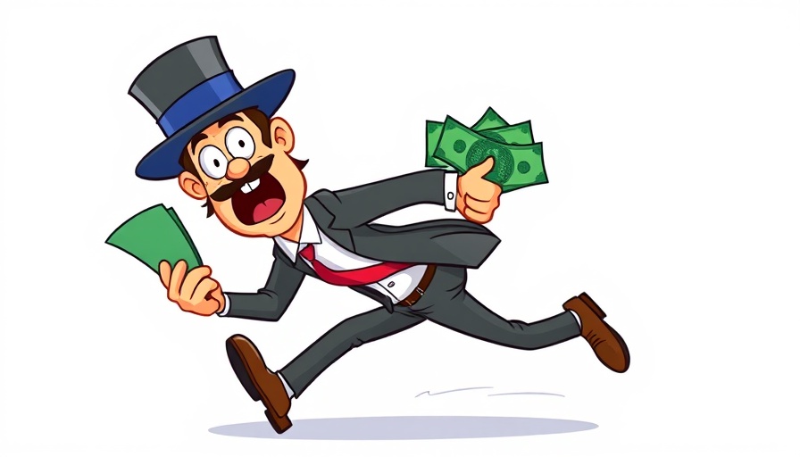 Cartoon businessman running with cash and circuit board, AI monopolies.