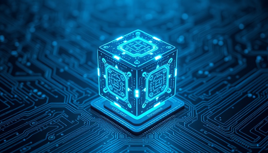 Futuristic AI cube in digital circuit landscape