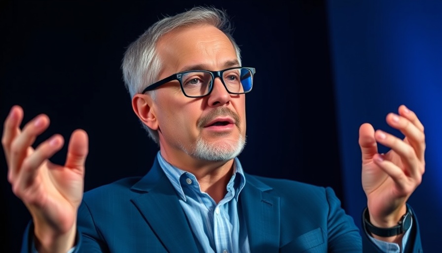 Middle-aged man passionately discussing AI, studio setting.