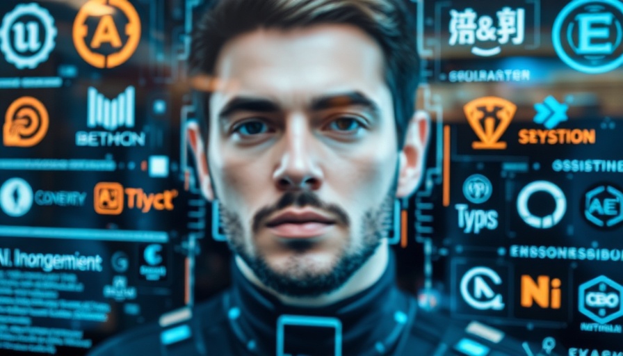 Futuristic AI news digital montage with logos and blurred portrait.