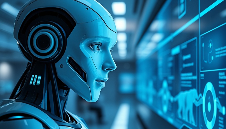 Futuristic AI agent interacting with digital interface, soft blue lighting.