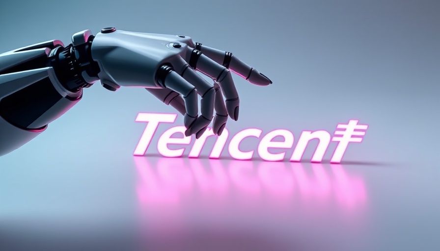 Robotic hand reaching Tencent logo, AI reasoning models competition.