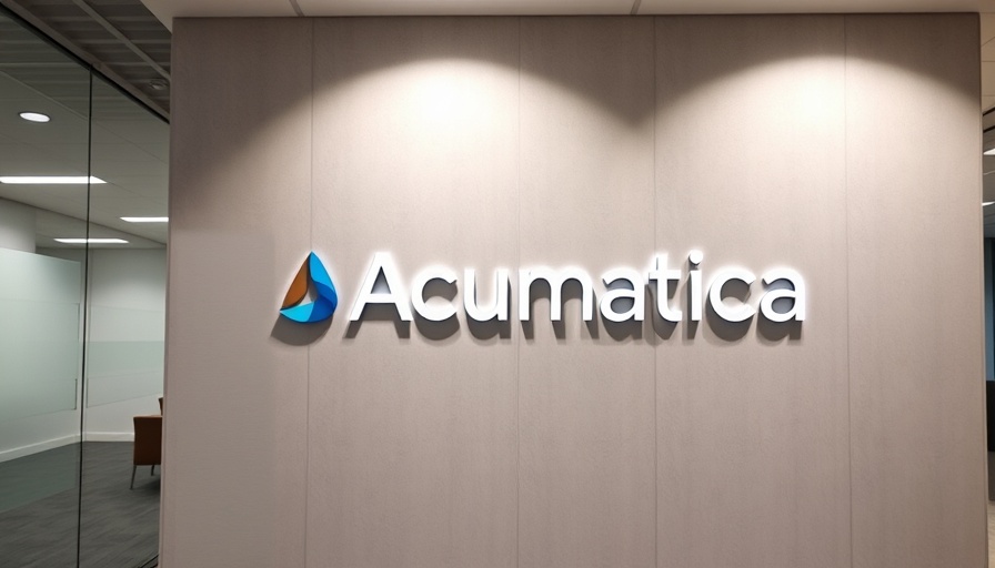 Acumatica R1 AI-powered ERP solutions logo on office wall.