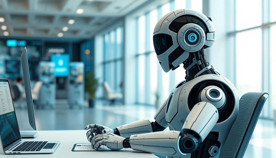 Futuristic AI robot agent in a modern office setting.