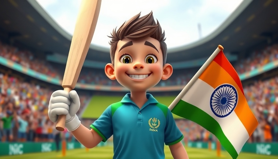 AI-Generated World Cup Nostalgia: Animated cricket player with Indian flag in stadium.
