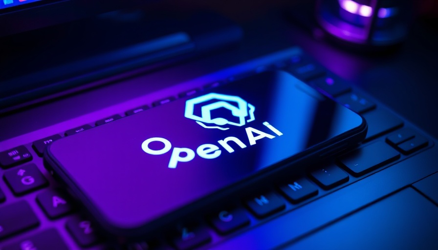 Glowing OpenAI logo on phone against keyboard background, AI news.