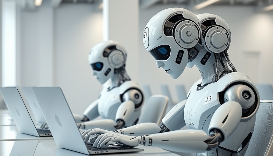 Agentic AI robots in an office setting working on laptops