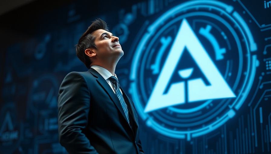 Confident man next to tech logo on dark digital background.
