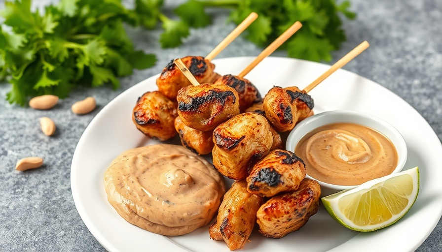 Easy Grilled Chicken Satay with peanut sauce and lime slices on a plate