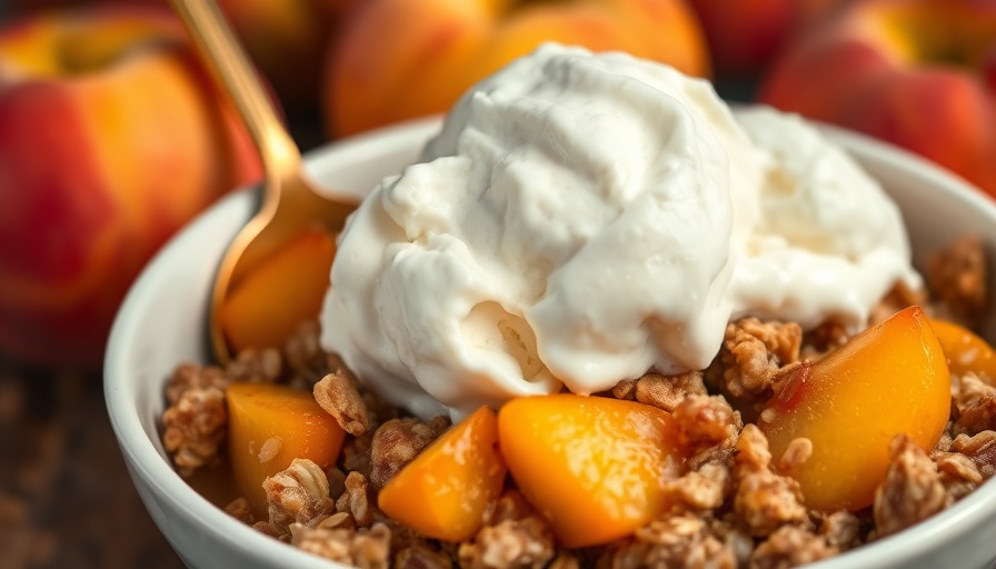Peach crisp recipe with ice cream, delicious dessert in a bowl.