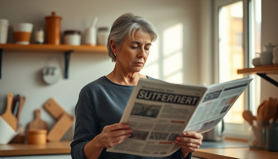 Middle-aged woman reading newspaper in sunny kitchen, challenges for today’s homebuyer.