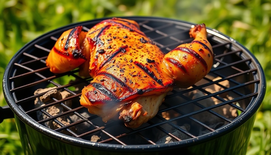 Juiciest flavorful grilled chicken on a charcoal grill with grass.