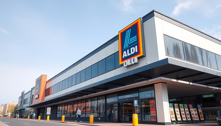 Modern Aldi store exterior with vibrant signage under blue skies.