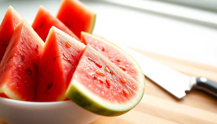 Fresh cut watermelon slices in a bowl with knife, cutting board.