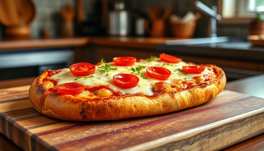 French bread pizza recipe with cheese and pepperoni on wooden board.