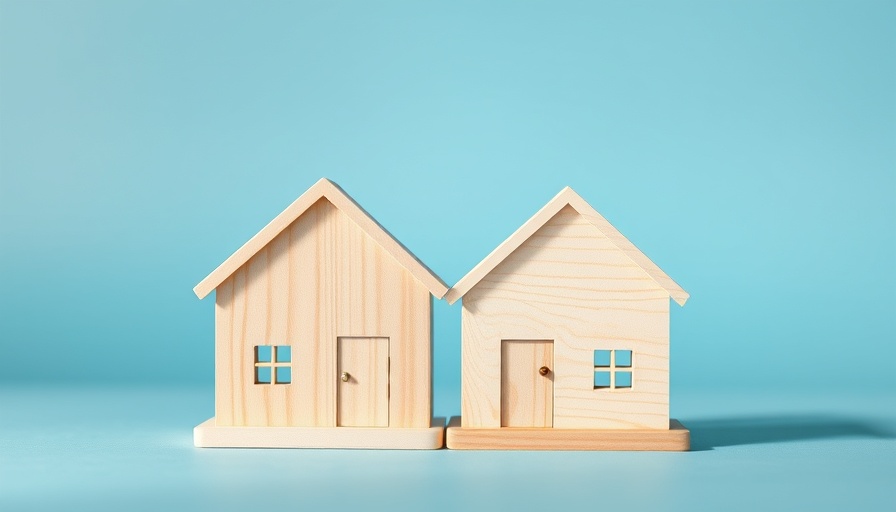 Wooden house models against blue background for housing market trends.
