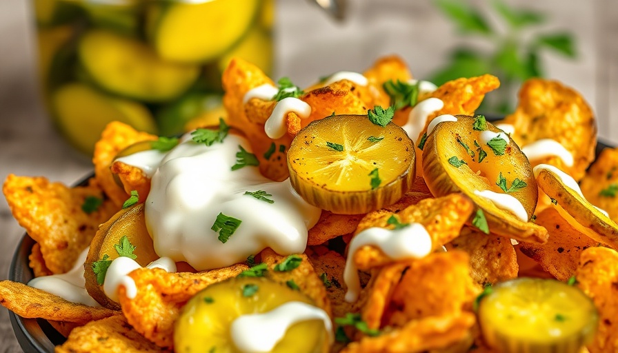 Delectable crispy dill pickle nachos with creamy drizzle and herbs.