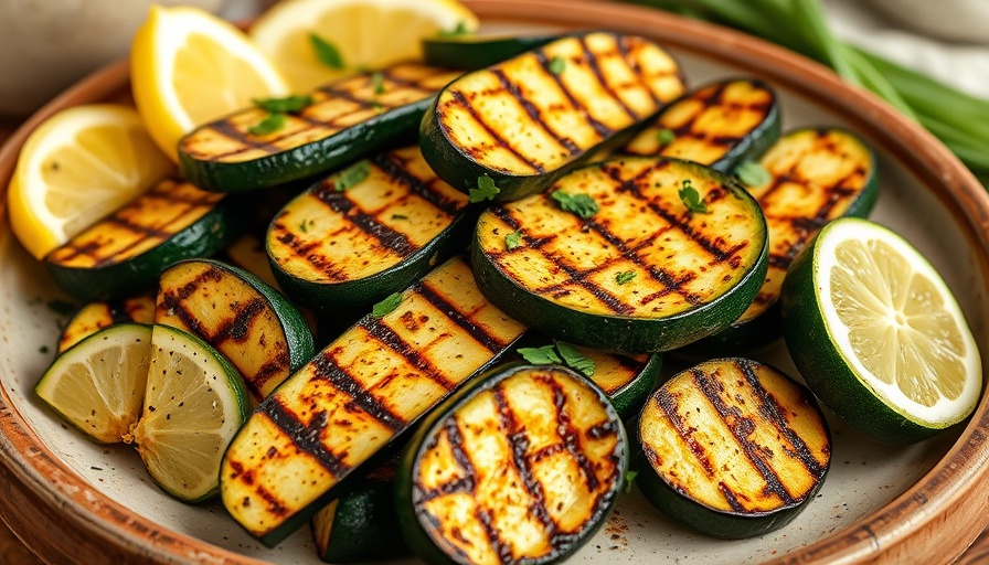Delicious grilled zucchini recipe with herbs and lemon wedges.