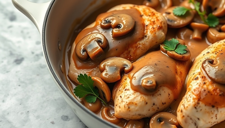 Easy chicken Marsala recipe in a rustic white pan with mushrooms and sauce.