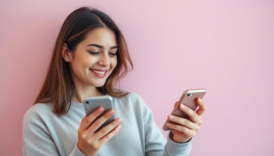 Casual woman smiling at phone, minimalist pink background, Understanding Down Payments for Home Buying.