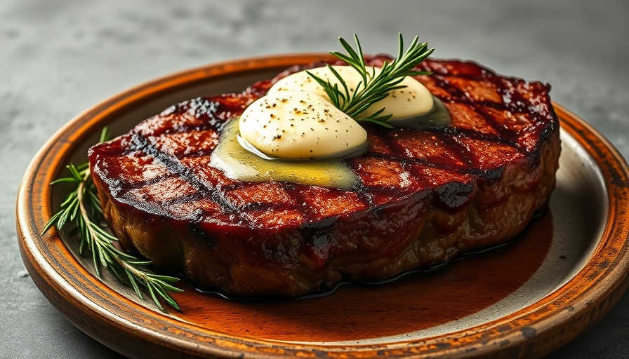 Gourmet steak with homemade butter recipe, topped with herbs.