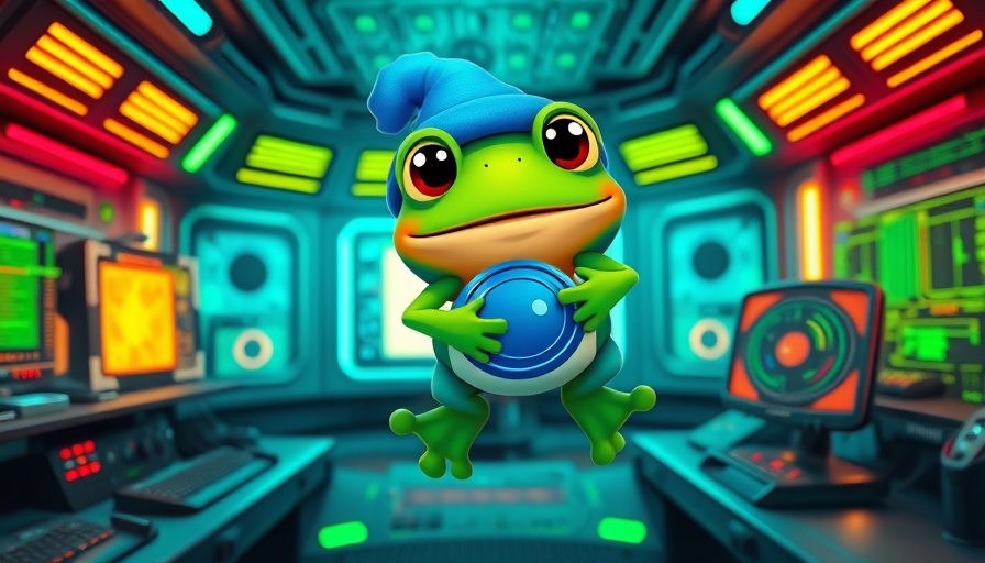 AI Curated Cryptos theme with cartoon frog in neon futuristic control room.