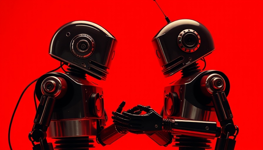 Retro robots interacting in a red-themed scene, AI agents.