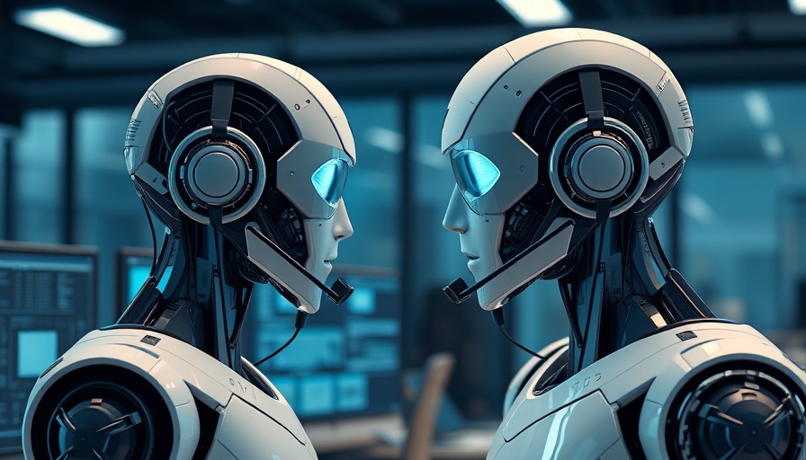Futuristic humanoid robot with headset in office setting, secure AI agents
