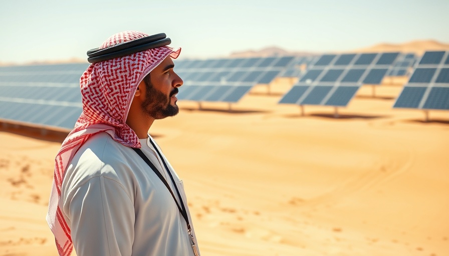 Middle Eastern man observing solar panels in Abu Dhabi desert.