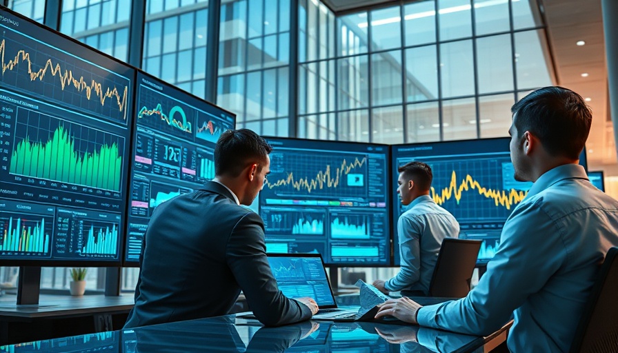 Professionals analyzing data on digital screens in a futuristic office.