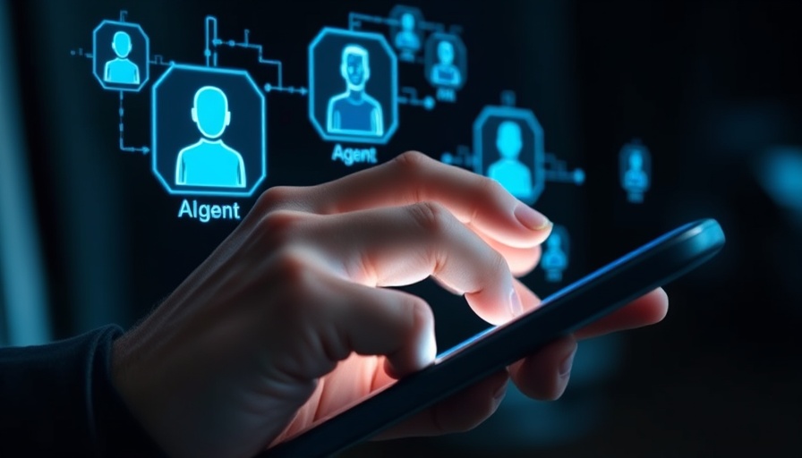 Male hand interacting with AI agents hologram over phone.