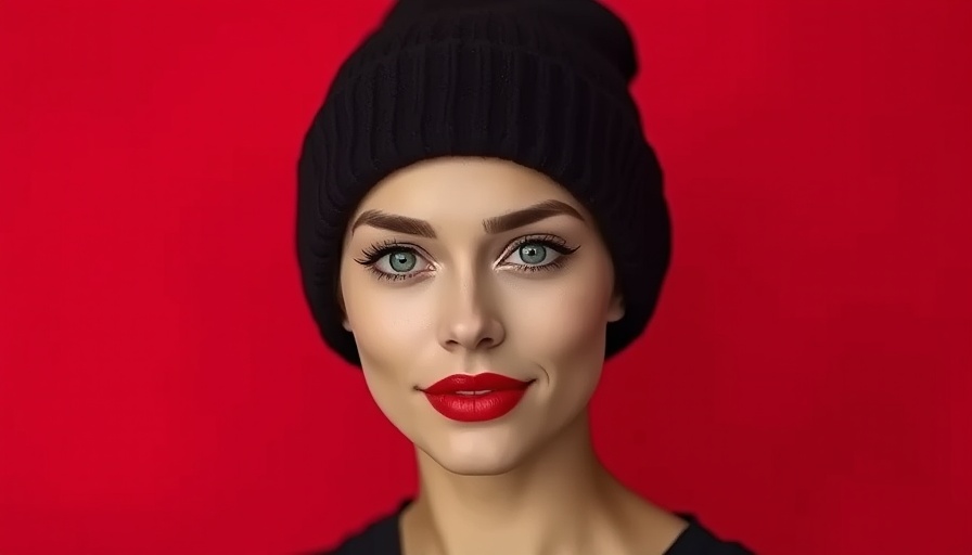 Stylish woman in beanie, confident expression, on red background.