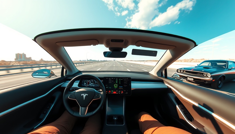 Tesla interior with Grok AI racing against Dodge Challenger on highway.