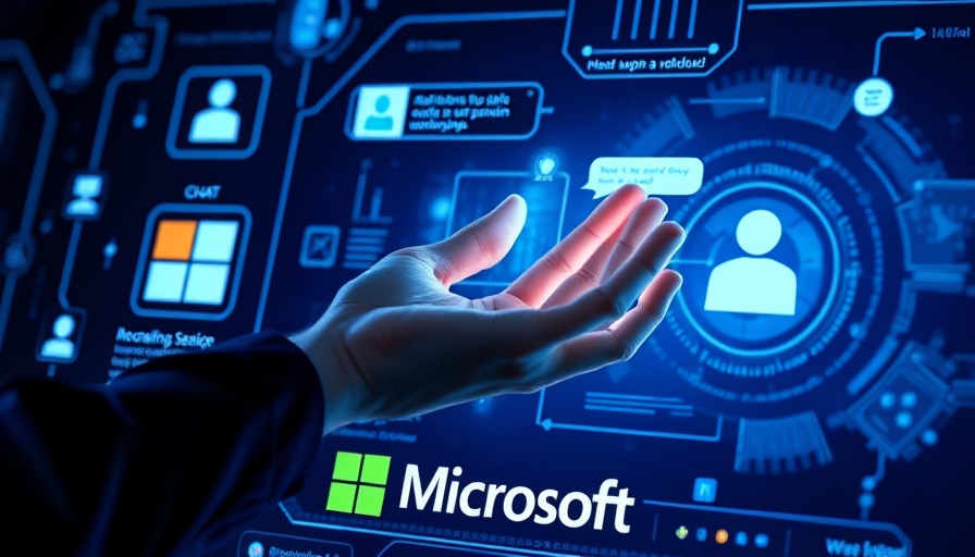Futuristic AI interface with Microsoft logo and digital chat elements.