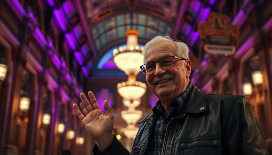 Elderly man in leather jacket smiling inside a grand hall.