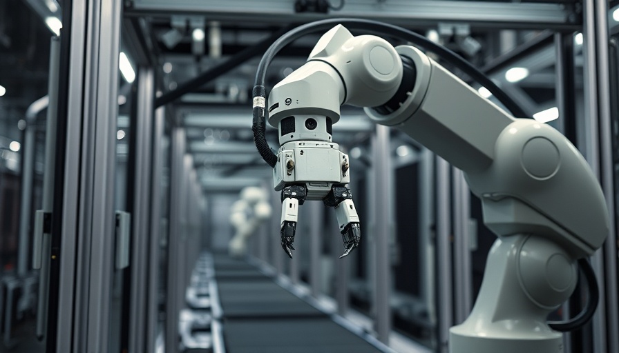Robotic arm in zero-touch manufacturing setting, dark industrial space.
