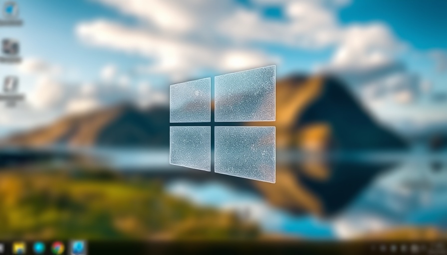 Abstract Windows logo with update icon overlay on a serene desktop landscape.