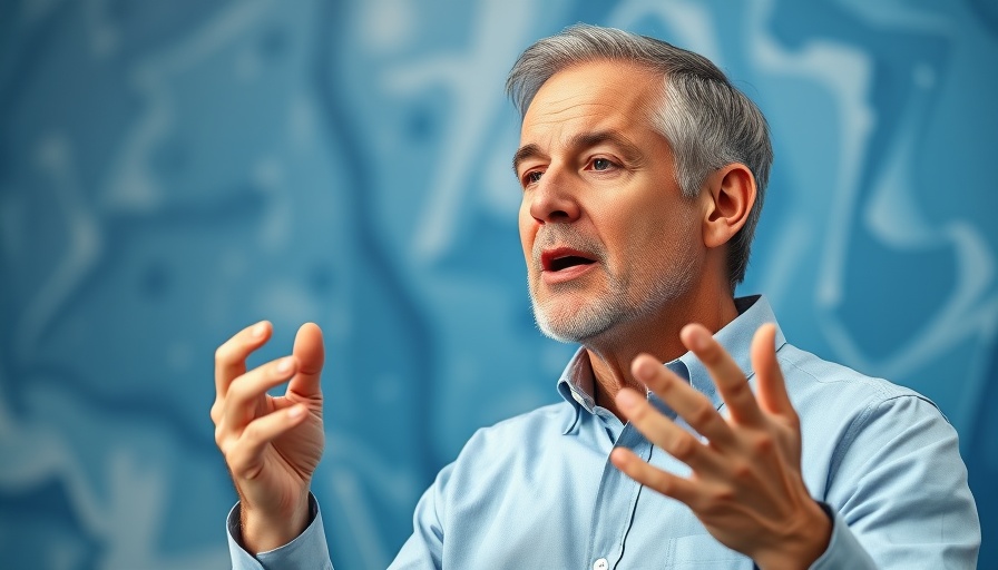 Speaker discusses AI usage in the workplace, abstract background.