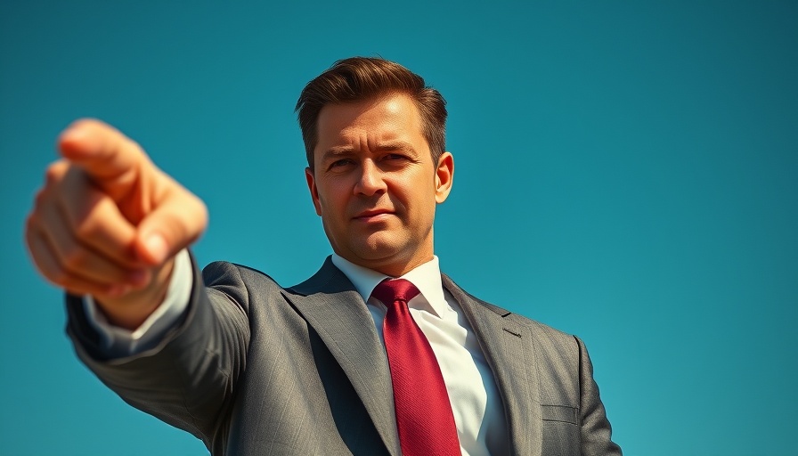 Confident man in suit pointing against blue sky, Perplexity AI.