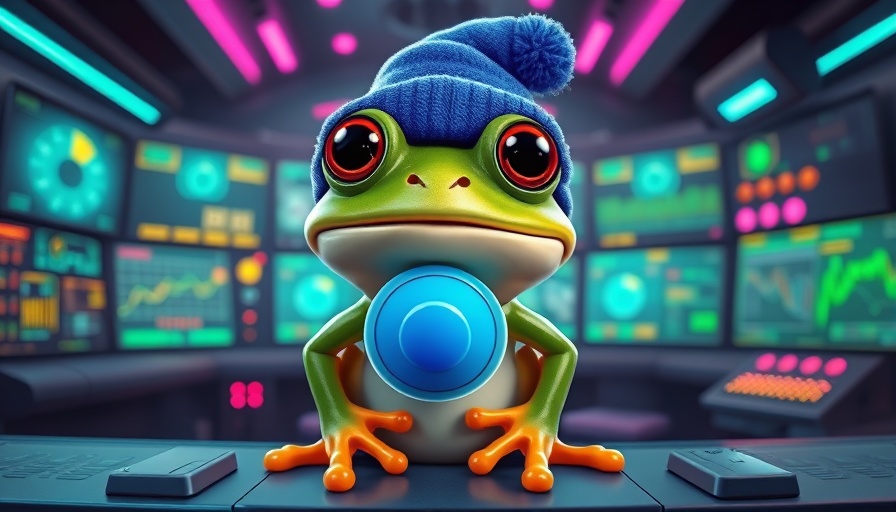 Digital art of a meme frog in a futuristic tech room, trending ai news.
