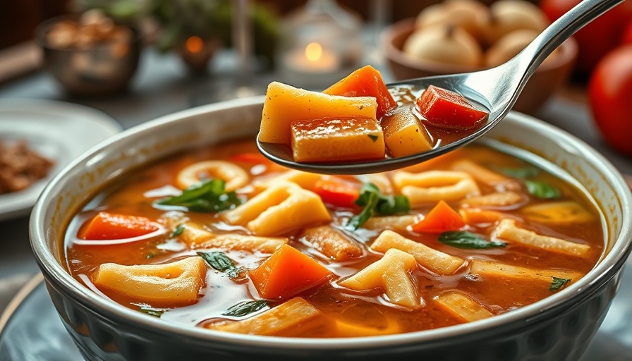 Alphabet soup recipe: colorful vegetables in broth in a bowl.