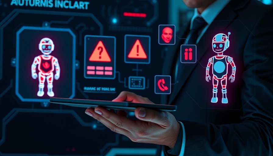AI agents vulnerability depicted through digital warning icons and robot symbol.