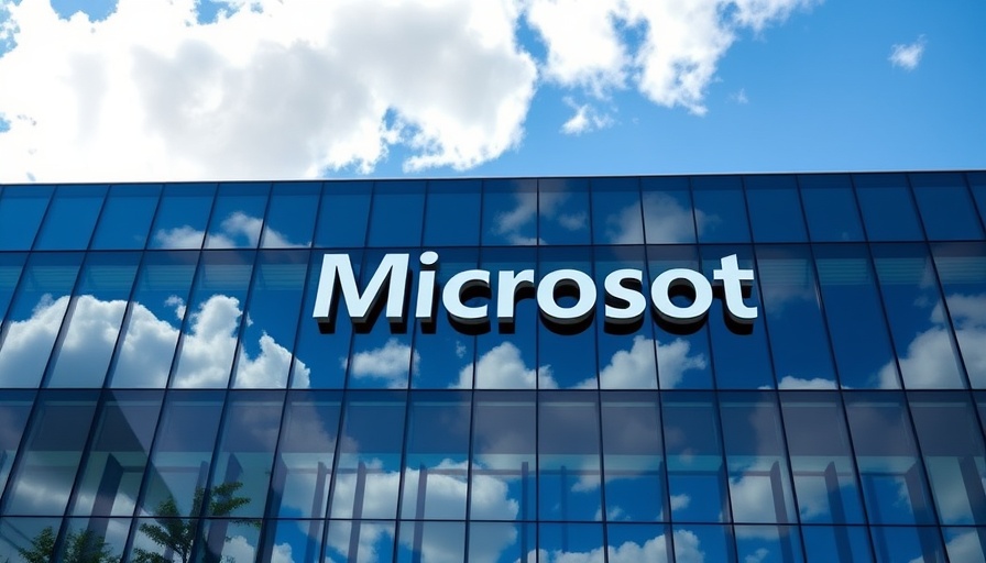Microsoft AI logo on office glass facade reflecting sky.