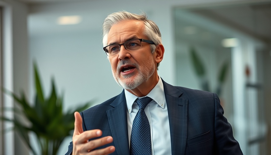 Middle-aged man speaking in office setting about international deal.