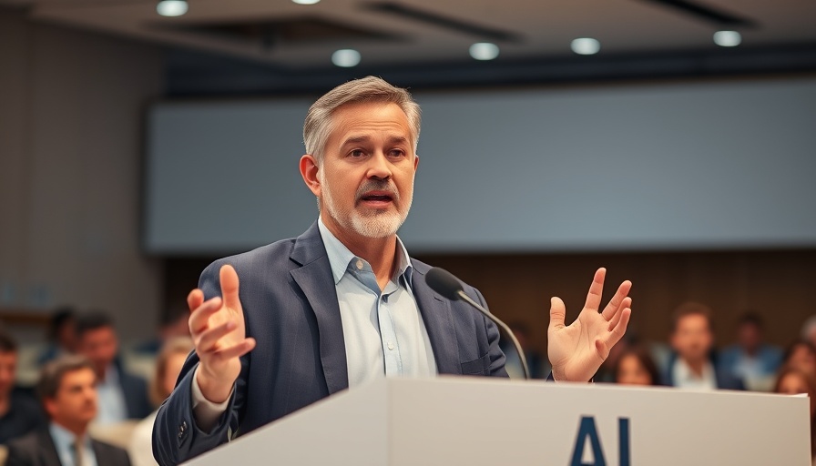 Speaker discussing AI at a conference with engaging expression.