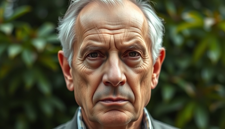 Serious elderly man outdoors with green background, perplexity ai.